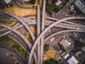 aerial view of overpasses in interchange