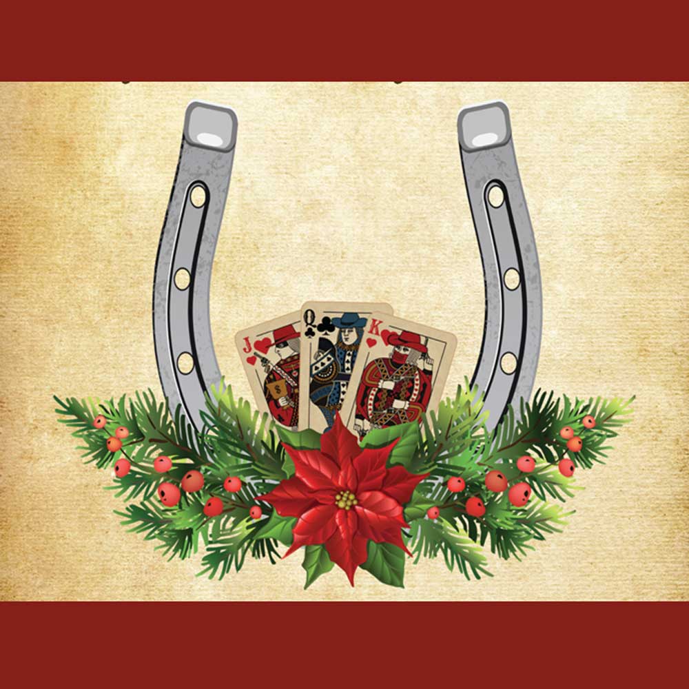 horseshoe, cards, and Christmas decorations