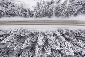 looking down on snowy road and trees