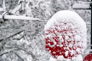 stop sign covered in snow