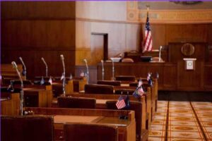 desks and flag in Oregon Senate