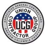 circular organization logo with red stripes and while stars on blue background